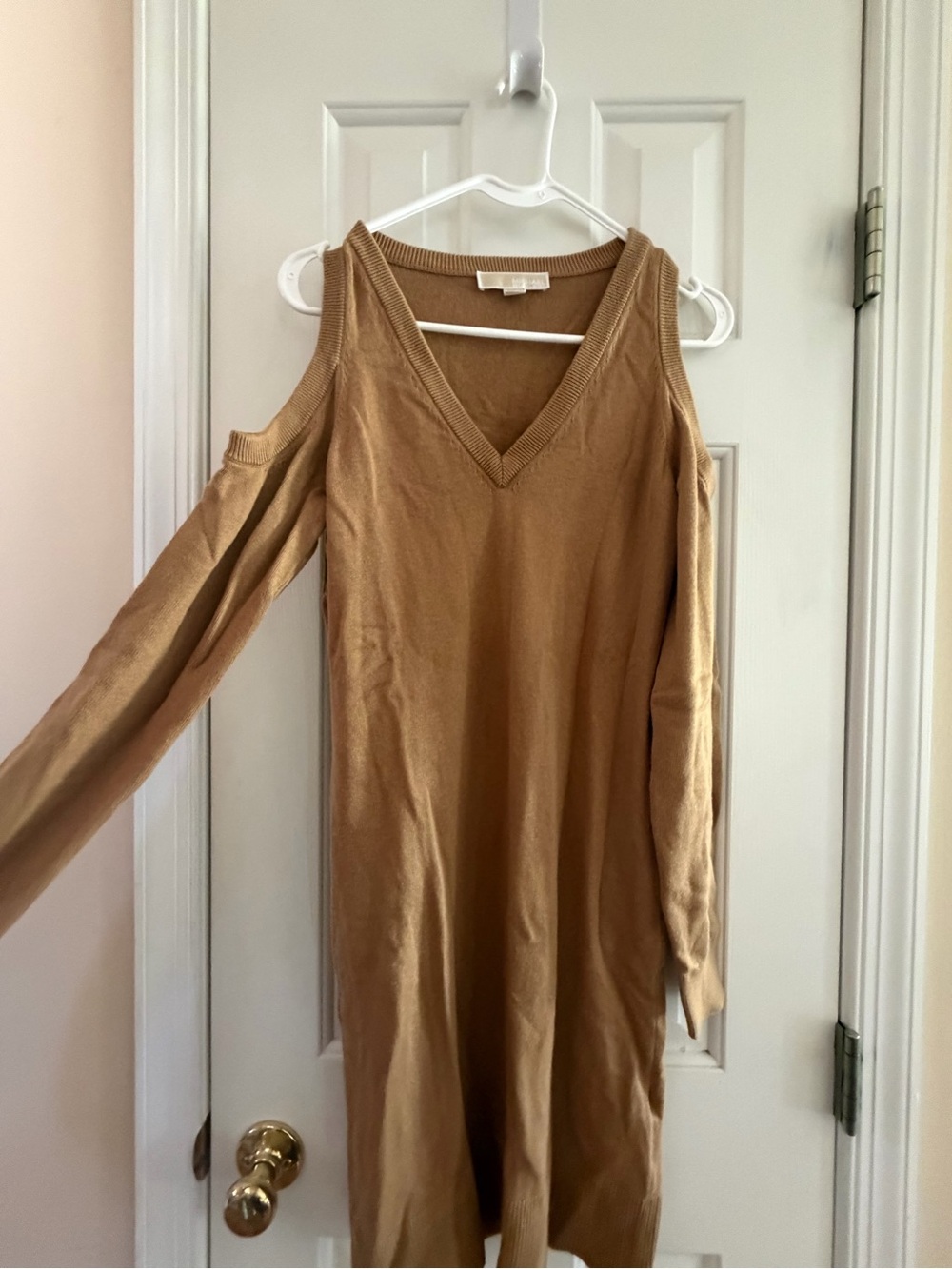 Michael Kors Camel Cold-Shoulder V-Neck Sweater Dress